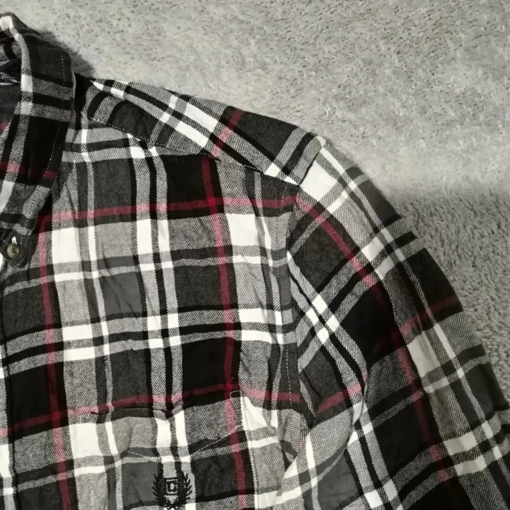 Chaps Shirt Mens L Combat Grey Flannel Plaid Embroidered Logo Button Down Pocket - Picture 5 of 13